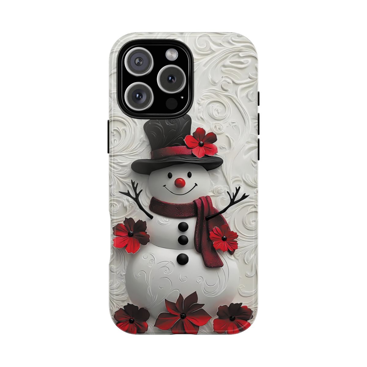 Christmas Snowman Phone Case | 3D Snowman with Red Poinsettias Design