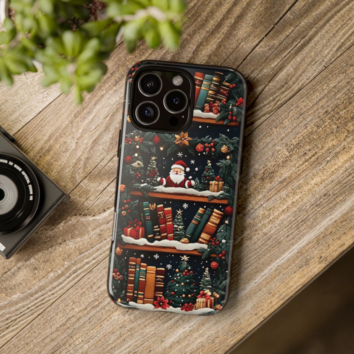 Christmas Bookshelf Faux Embroidery Phone Case - Festive Santa & Holiday Decor with Vintage Book Lover Charm, Cozy Xmas Gift for Readers
