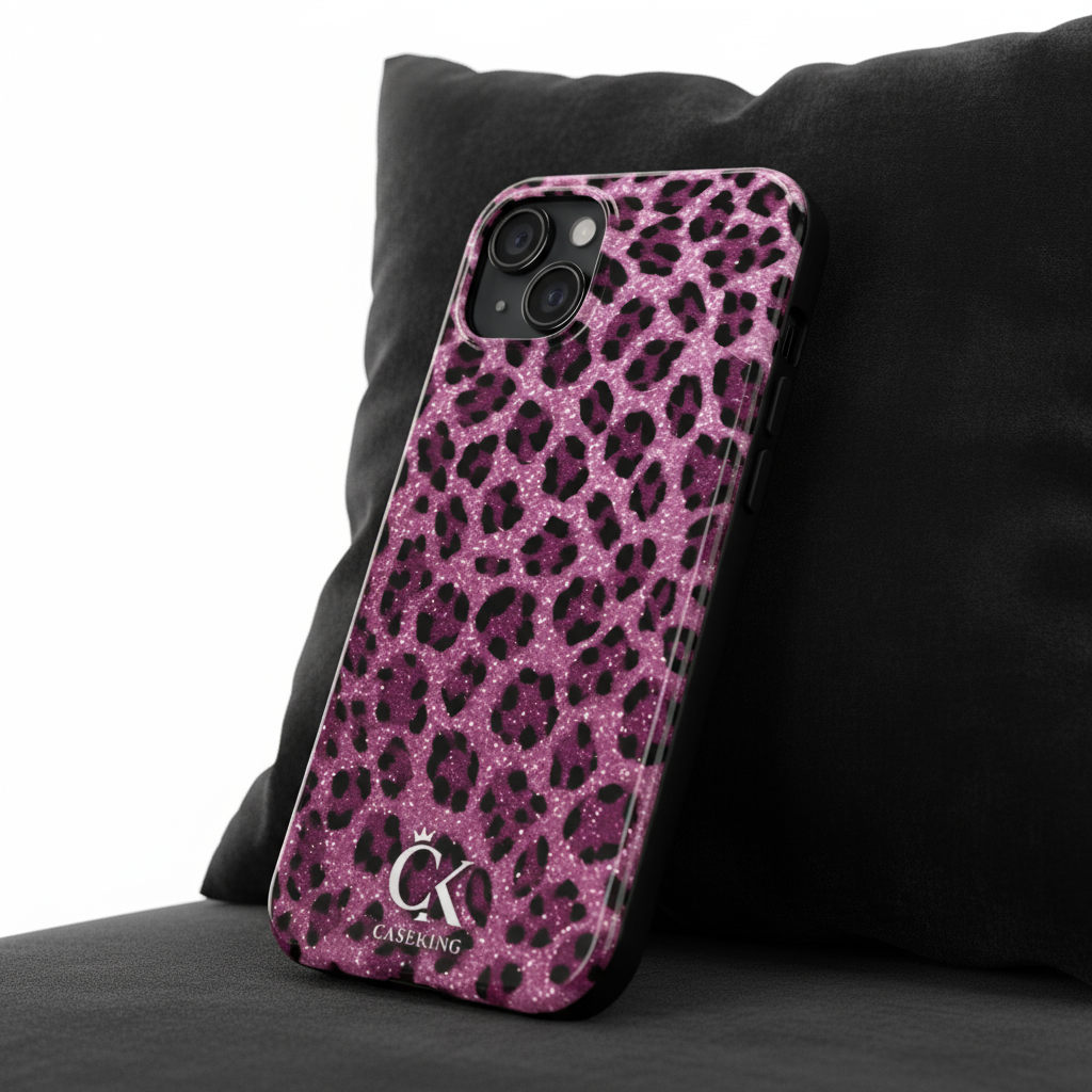 Hot Pink Black Leopard Print Pattern Glitter Faux Fur Design Glamorous Wild Print Trendy Y2K Aesthetic High Fashion Animal Motif