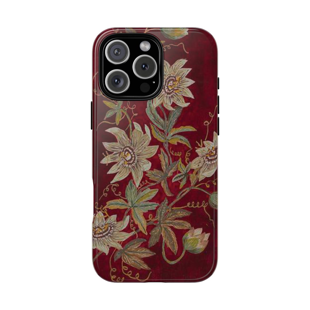 White Passionflowers on Deep Red MagSafe Tough iPhone Case for iPhone/ Samsung Galaxy/ Google Pixel Protection Rubber