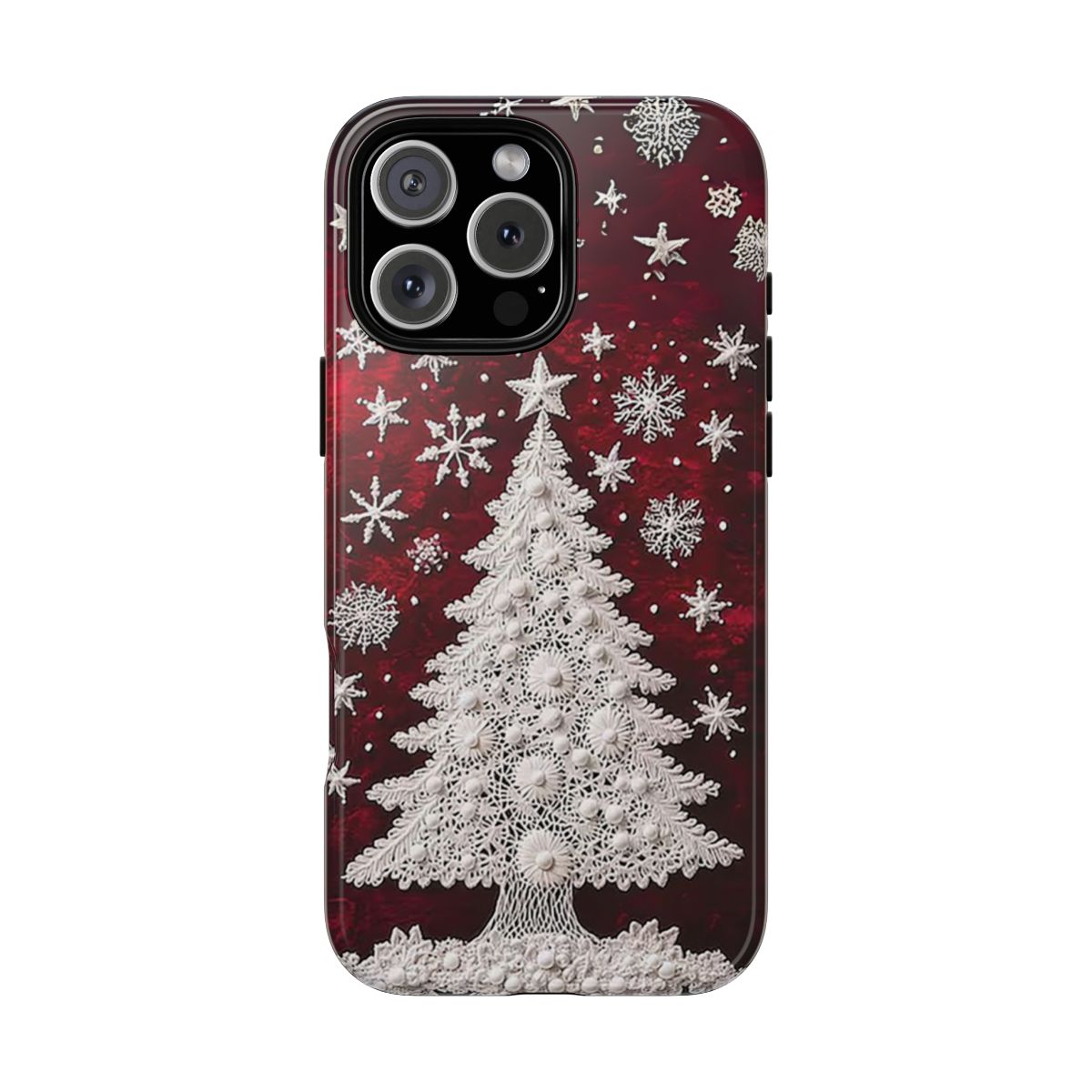 3D Christmas Tree Phone Case: Red Snowflake Lace Embroidery for iPhone, Pixel & Samsung