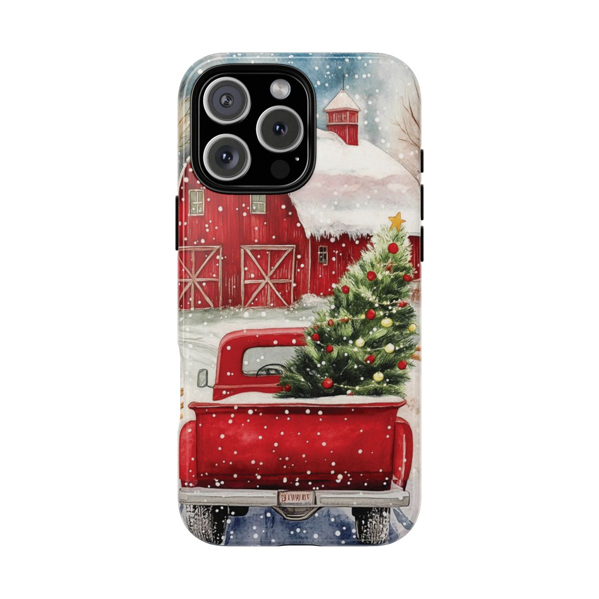 Vintage Red Christmas Truck Phone Case, Winter Farmhouse Barn