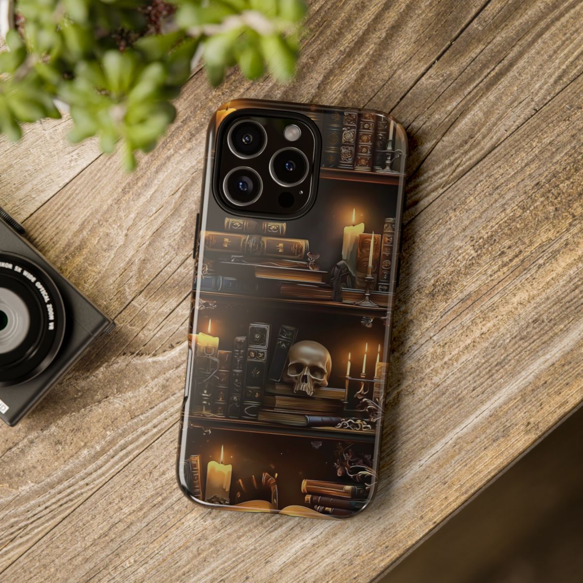 Dark Halloween Bookshelf Phone Case Skulls Raven Bookcase Goth Phone Cover Dark Cottagecore Coquette Spooky