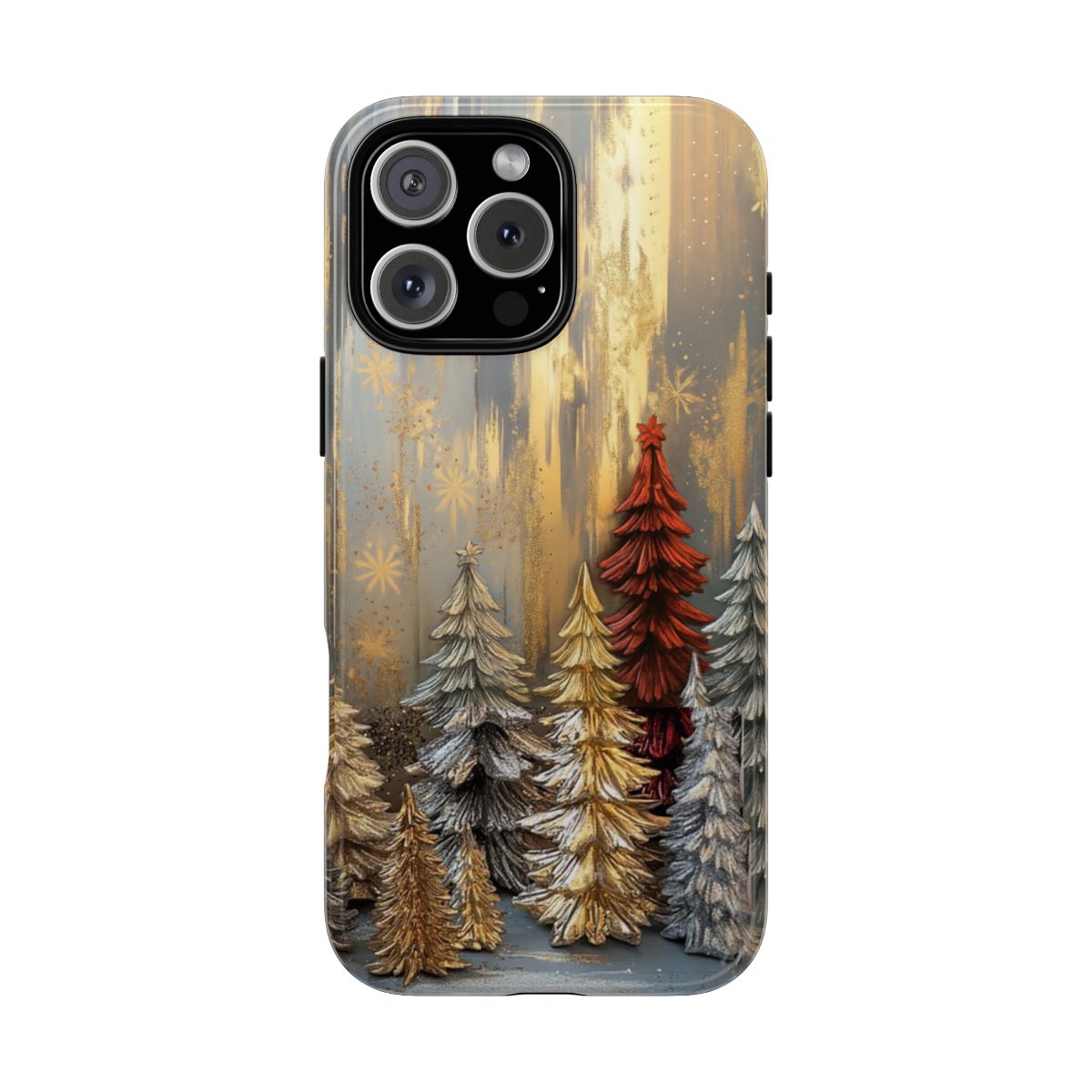 Cozy Christmas 3D Glitter Effect Phone Case Gold Silver Xmas Pine Tree Vintage Design with Textured White Swirl Background for Winter Lovers