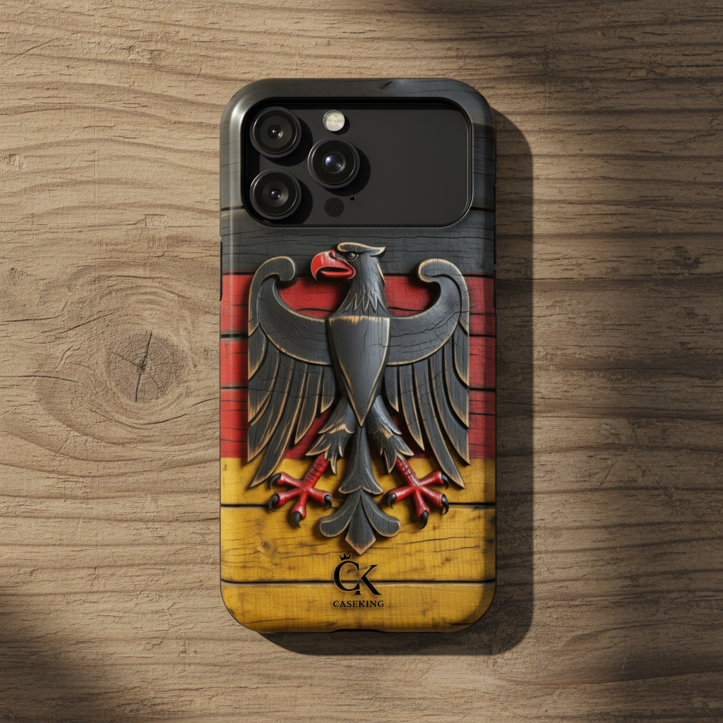 Deutsche Flagge, geschnitzter Adler, Emblem des Bundesadlers, Symbol des Nationalstolzes, rustikale Vintage-Ästhetik