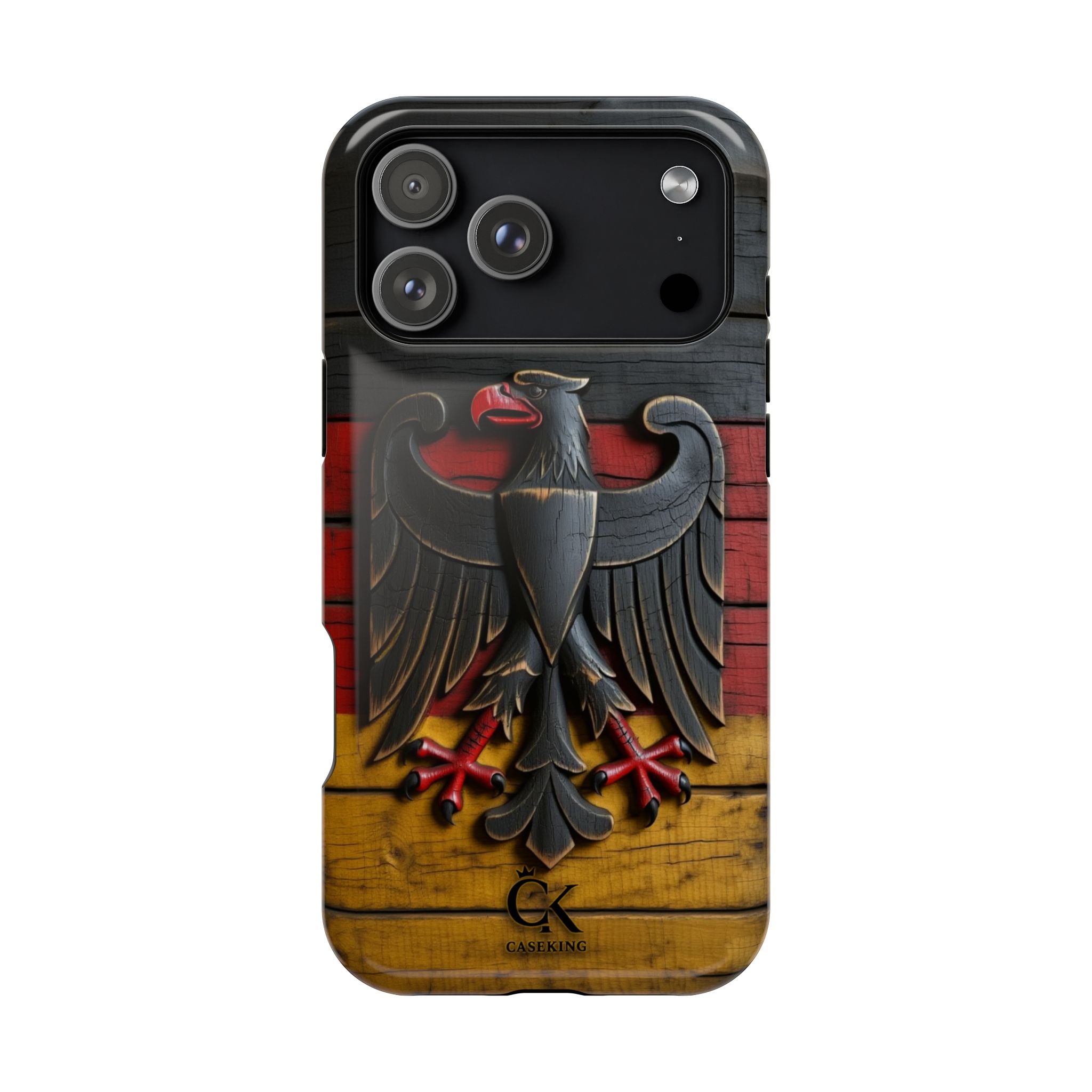 Deutsche Flagge, geschnitzter Adler, Emblem des Bundesadlers, Symbol des Nationalstolzes, rustikale Vintage-Ästhetik