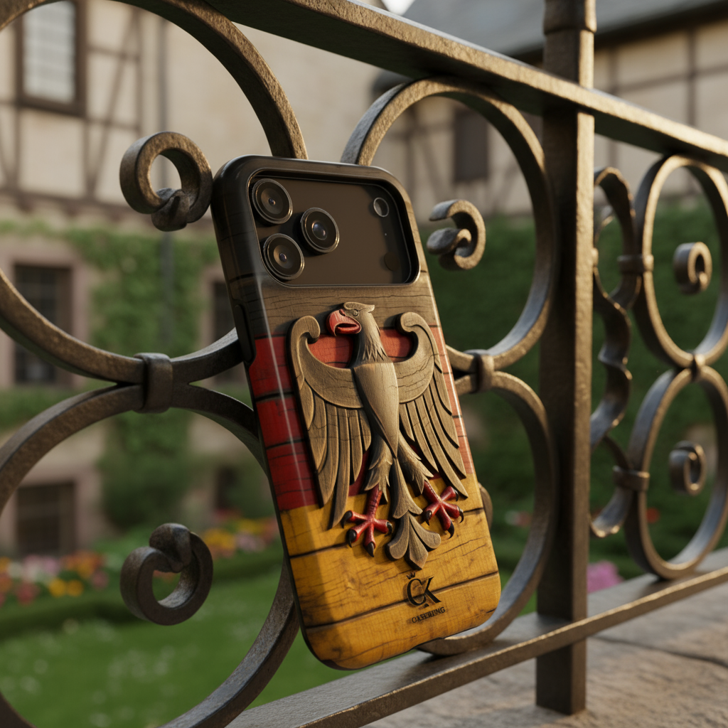 Deutsche Flagge, geschnitzter Adler, Emblem des Bundesadlers, Symbol des Nationalstolzes, rustikale Vintage-Ästhetik