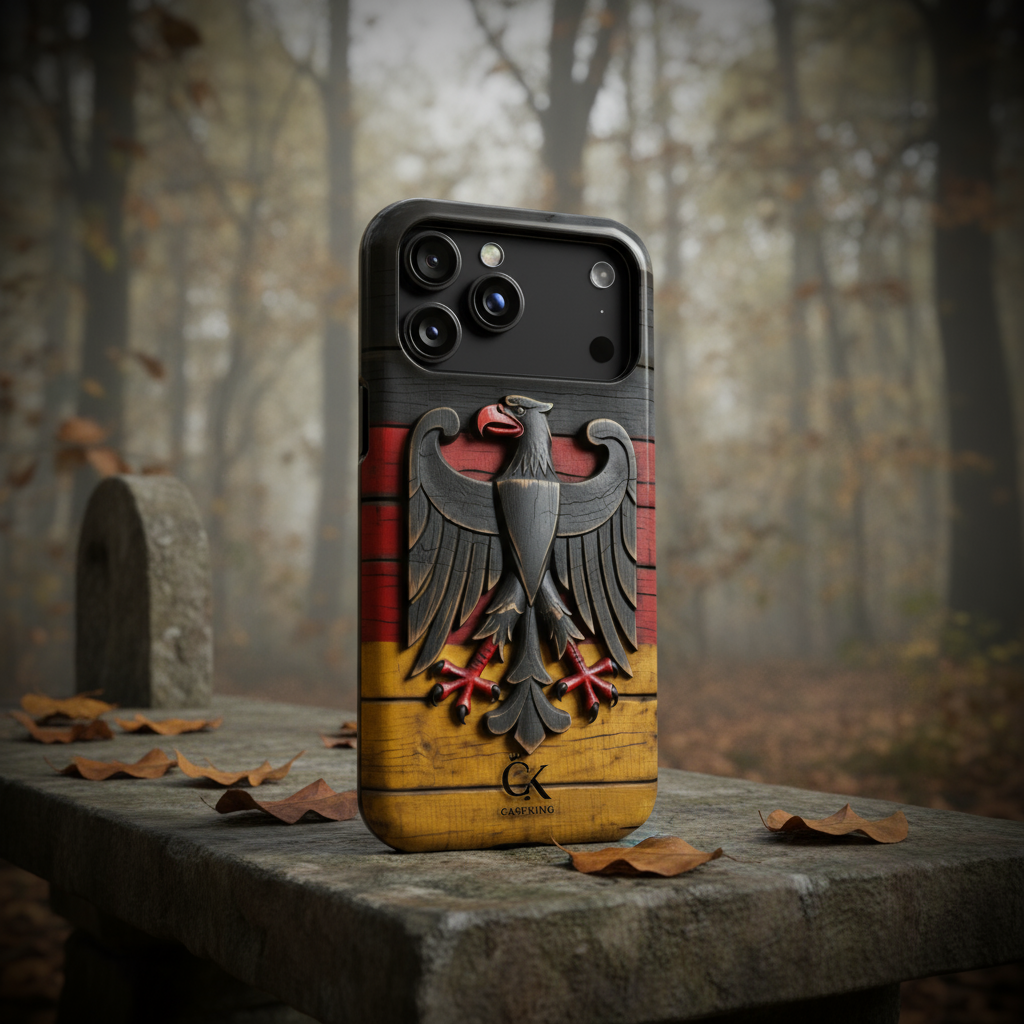 Deutsche Flagge, geschnitzter Adler, Emblem des Bundesadlers, Symbol des Nationalstolzes, rustikale Vintage-Ästhetik