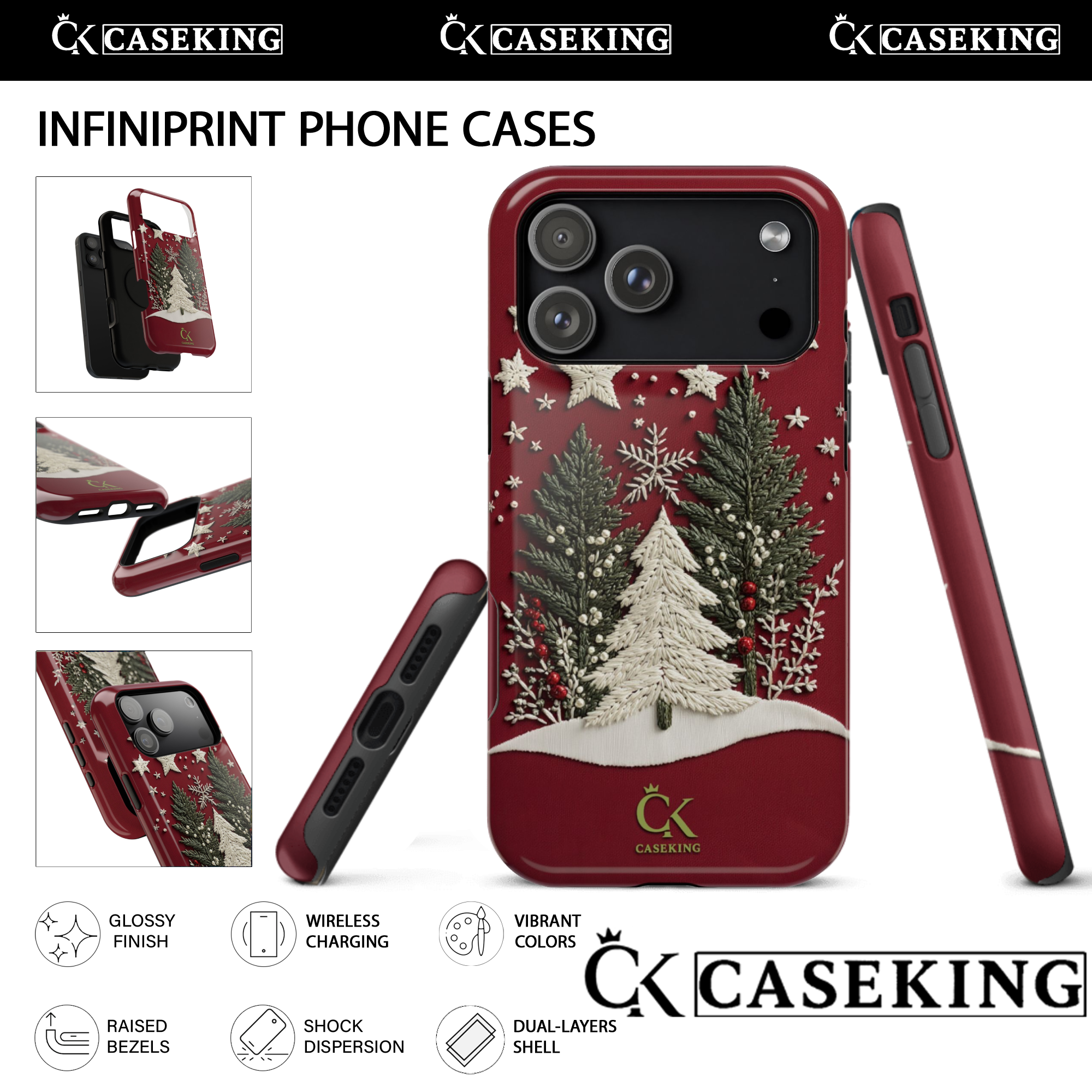 Red Christmas Tree Embroidered Snowflake Winter Holiday Classic Festive