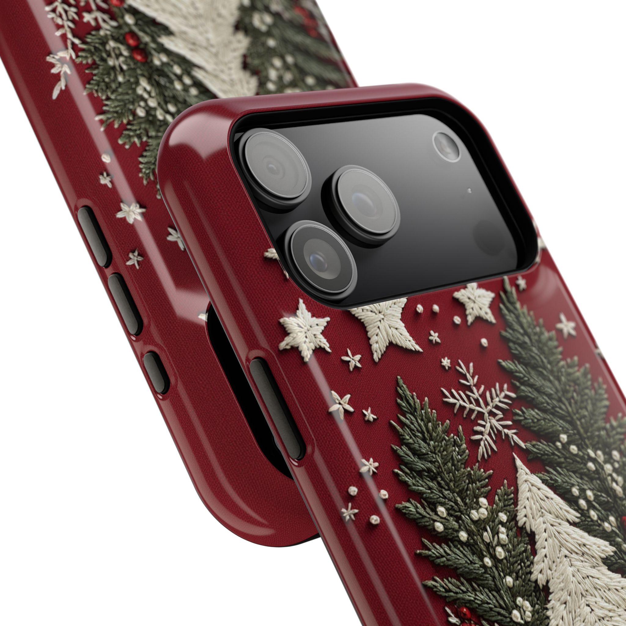 Red Christmas Tree Embroidered Snowflake Winter Holiday Classic Festive