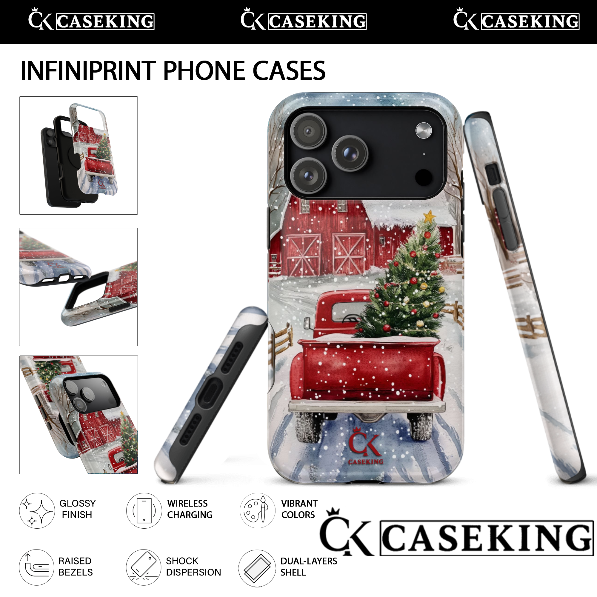 Red Vintage Truck Christmas Tree Farmhouse Winter Snow Holiday Scene