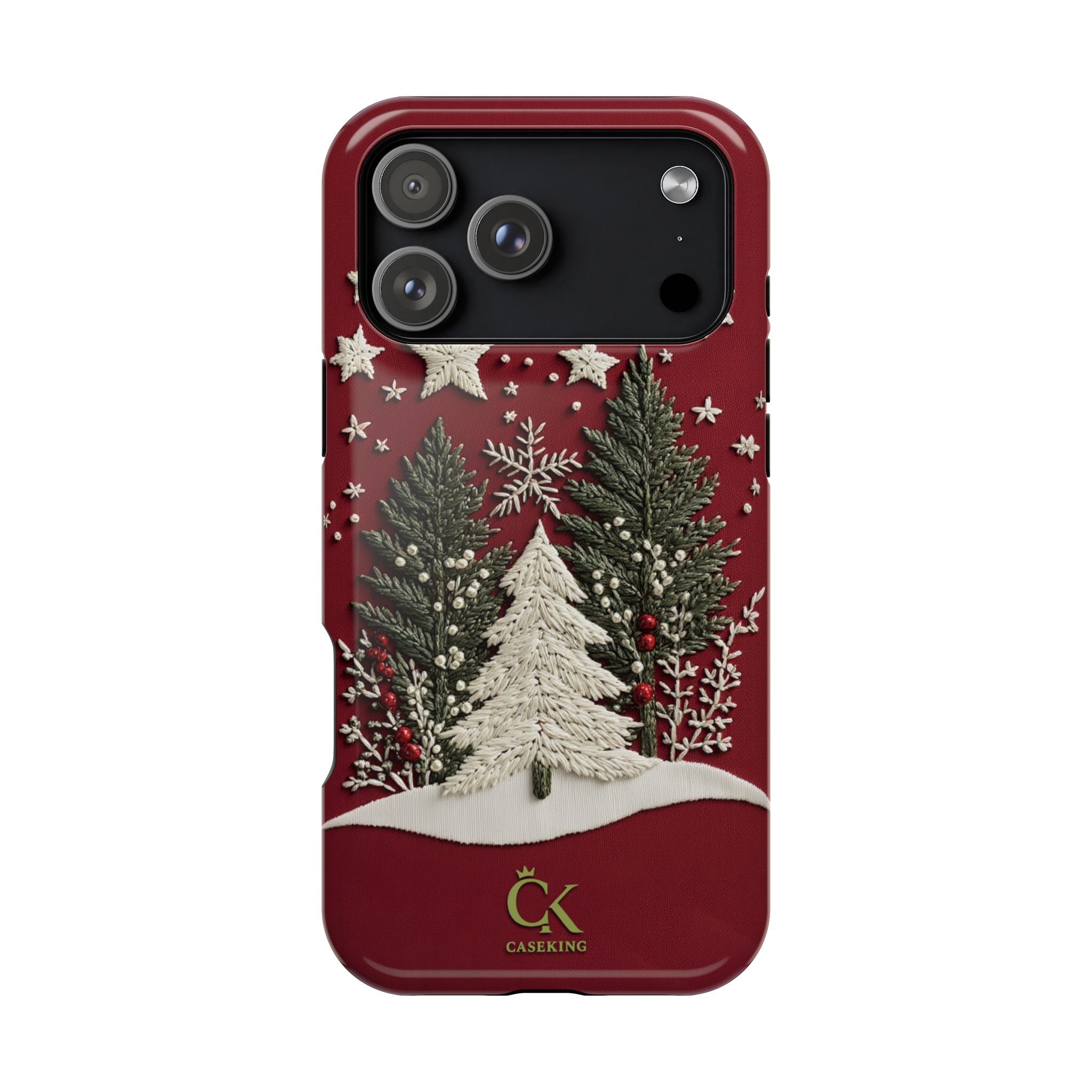 Red Christmas Tree Embroidered Snowflake Winter Holiday Classic Festive