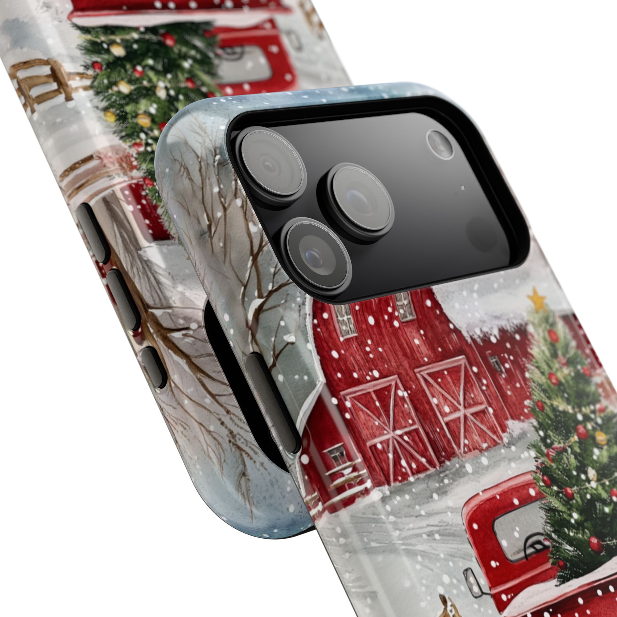 Red Vintage Truck Christmas Tree Farmhouse Winter Snow Holiday Scene