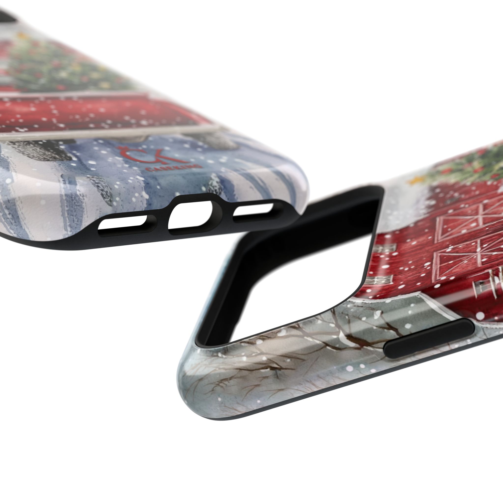 Red Vintage Truck Christmas Tree Farmhouse Winter Snow Holiday Scene