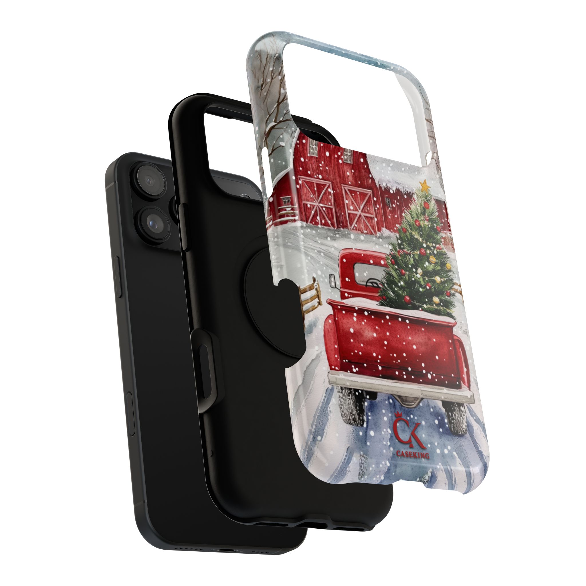 Red Vintage Truck Christmas Tree Farmhouse Winter Snow Holiday Scene