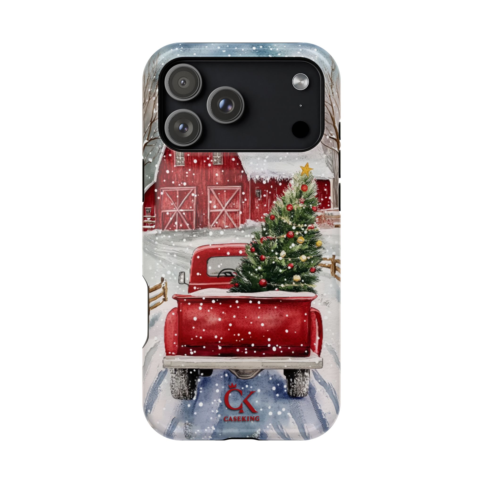 Red Vintage Truck Christmas Tree Farmhouse Winter Snow Holiday Scene