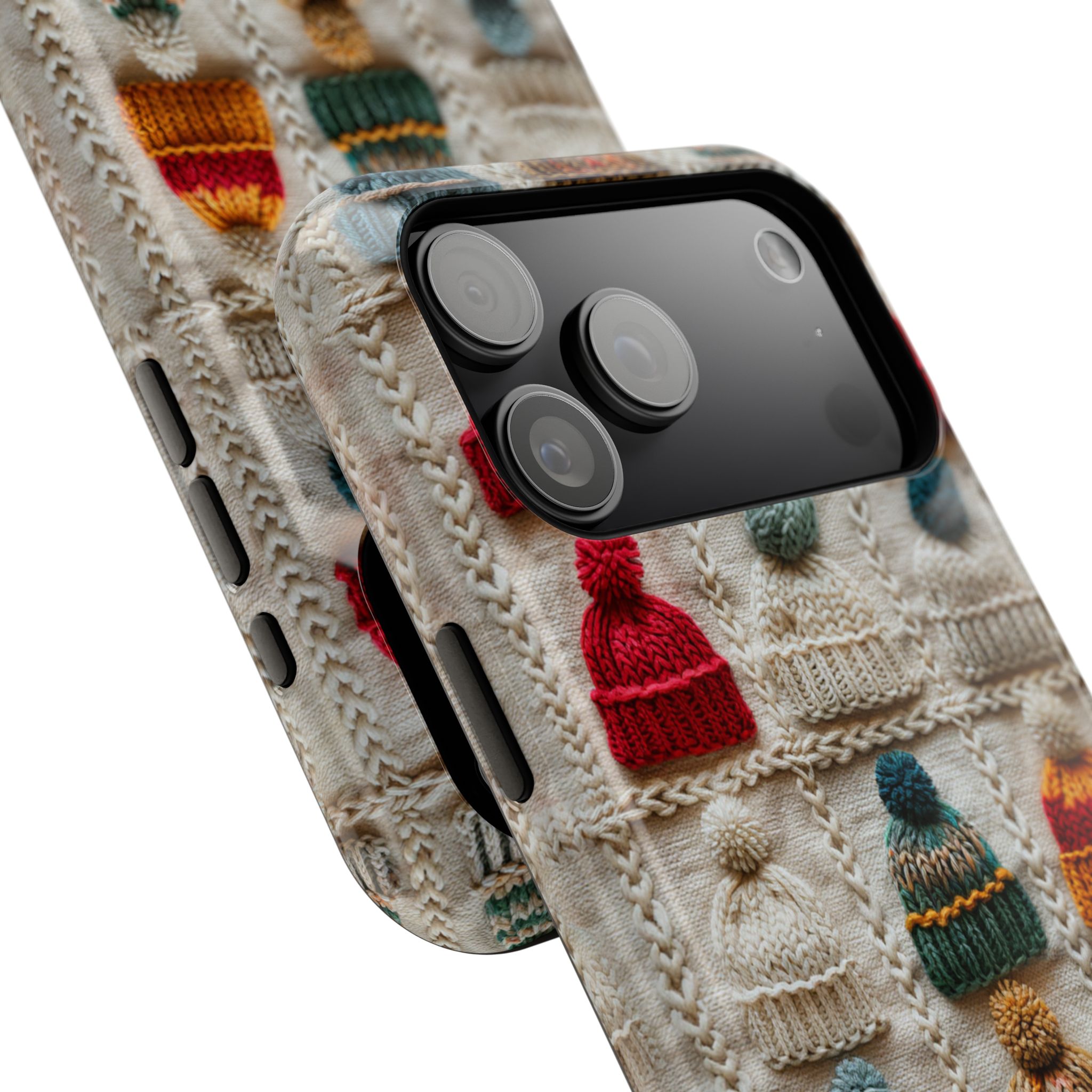 Knitted Winter Beanie Pattern Cozy Colorful Yarn Texture Christmas Aesthetic Design